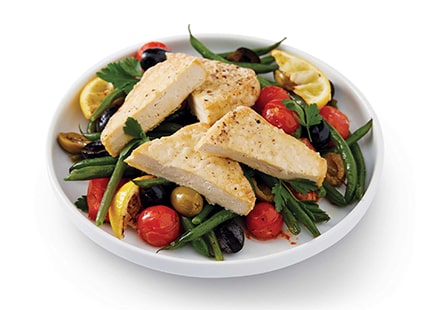 Original Tofu with Tray baked French Beans, Tomatoes and Olives