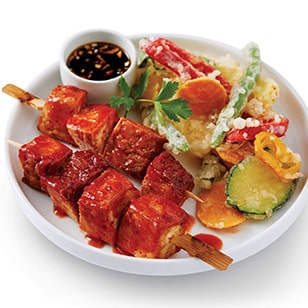 Marinated Tofu Skewers with Tempura Vegetables